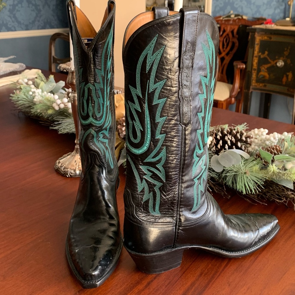 Black Leather Cowboy Boots with Blue Embroidery